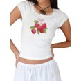 thumbnail image 2 of Musuos Women's Slim Fit Crop Top Cap Sleeve Lace Trim Crew Neck Fruit Print T-Shirts for Summer, 2 of 6