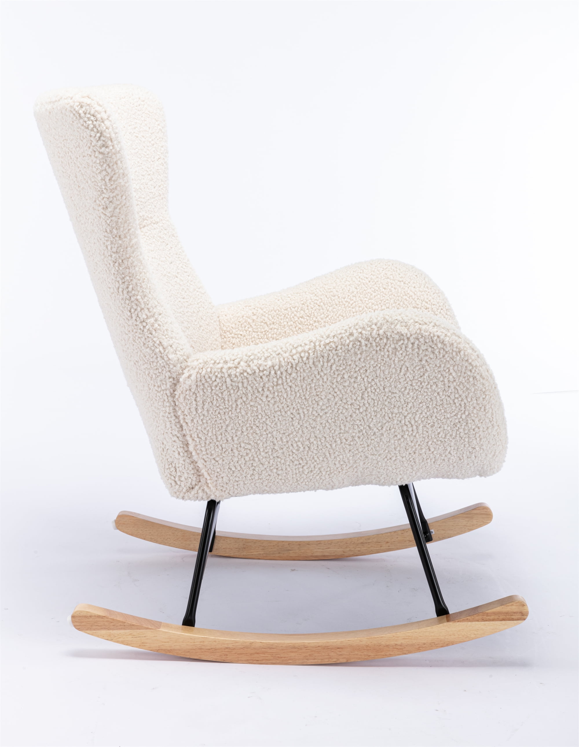Living Room High Back Nursery Rocking Chair Padded Seat, Modern Teddy Fabric Accent Rocker Chair Recliner Chair with Armrests and Rubber Wood Legs, Upholstered Rocking Chair for Adults Kids, Beige