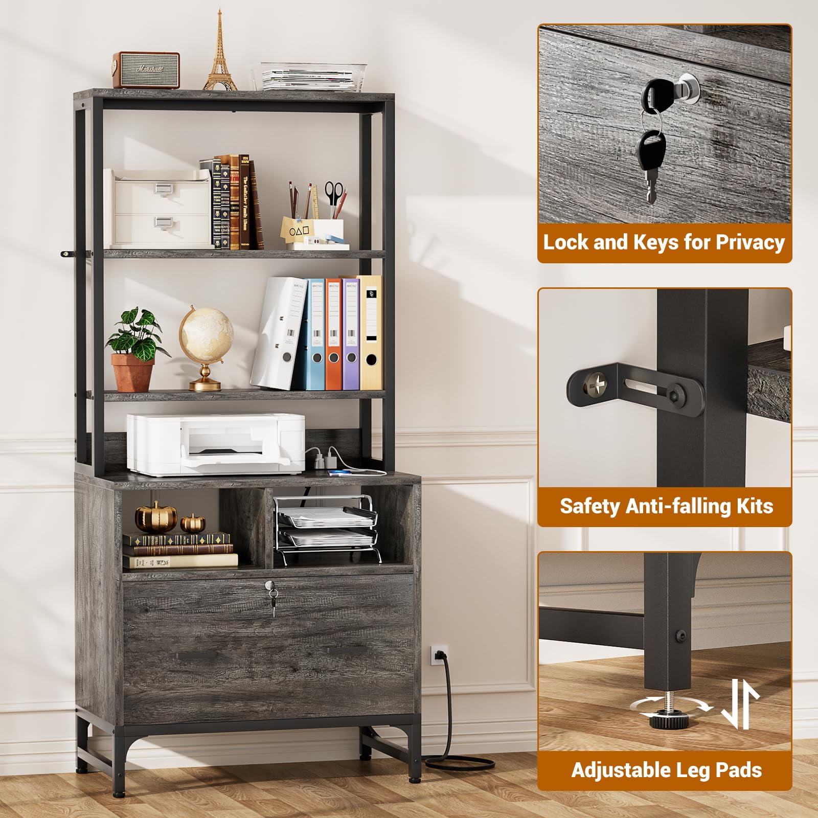 Homieasy File Cabinet with Charging Station for Letter/A4/Legal Size, Grey
