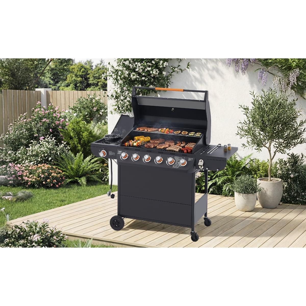 6-Burner Propane Gas Grill: 72000 BTU Power, 650 Sq.In Cooking Space, Side Burner, Cast Iron Grates for Outdoor Patio, Backyard Family Barbecues