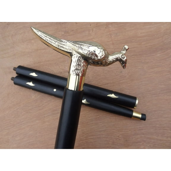 Antique Vintage Bird Brass Handle stick wood walking stick Victorian Wooden Walking Stick Canes