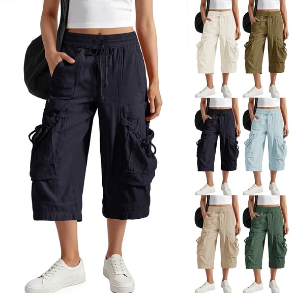 Womens Capris with Pockets Loose Fit Casual Capri Pants Dressy Lightweight Ladies Baggy Cargo Pants for Hiking Beige, S