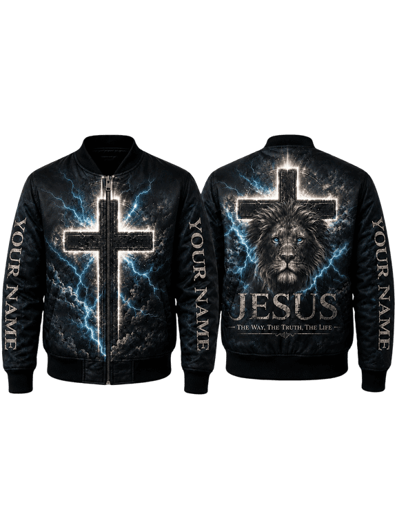 Personalized Jesus Lion Cross Bomber Jacket, Multicolor, Christian Faith Graphic Zip Up Jacket