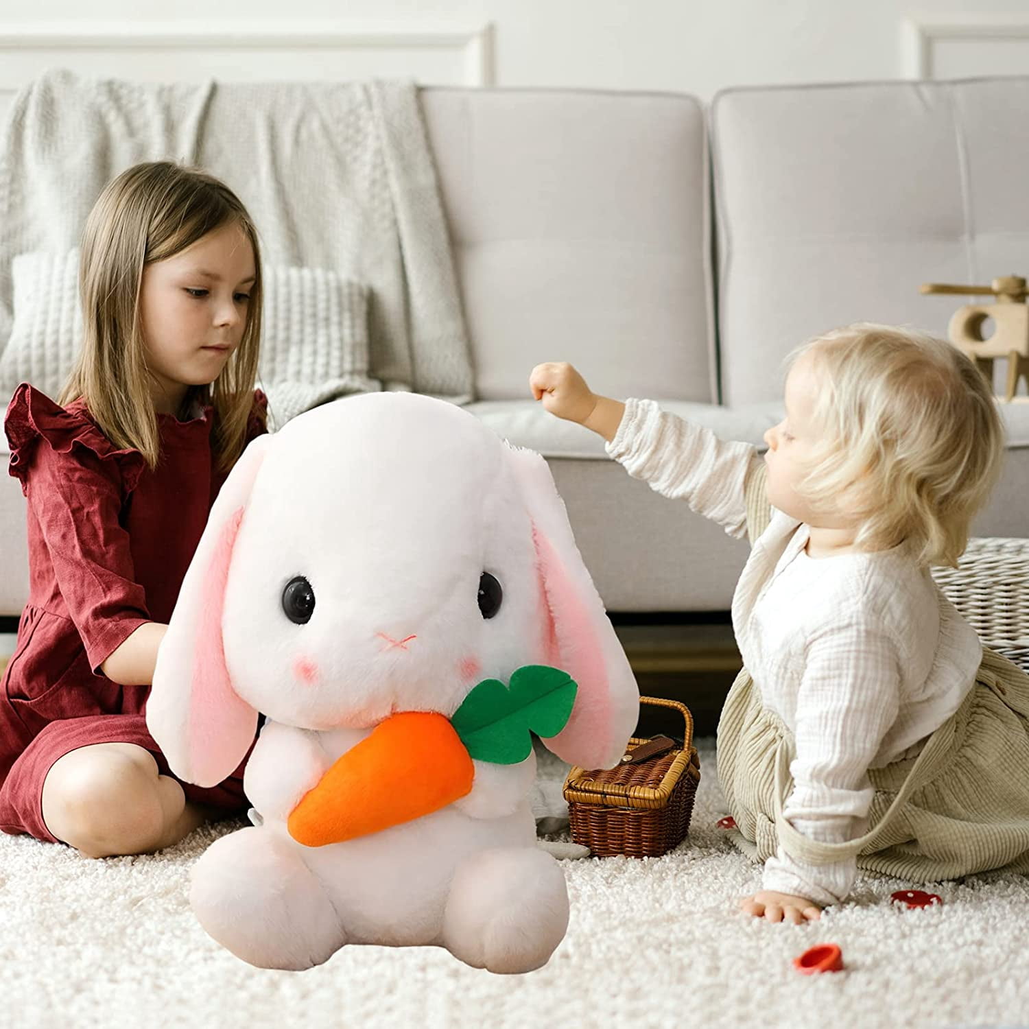 Soft Toy - Sitting Lop Eared Rabbit, Easter White Rabbit Stuffed Bunny Animal with Carrot Soft Lovely Realistic Long-Eared Standing Pink Plush Toys (White-Carrot,12.5in/32cm)