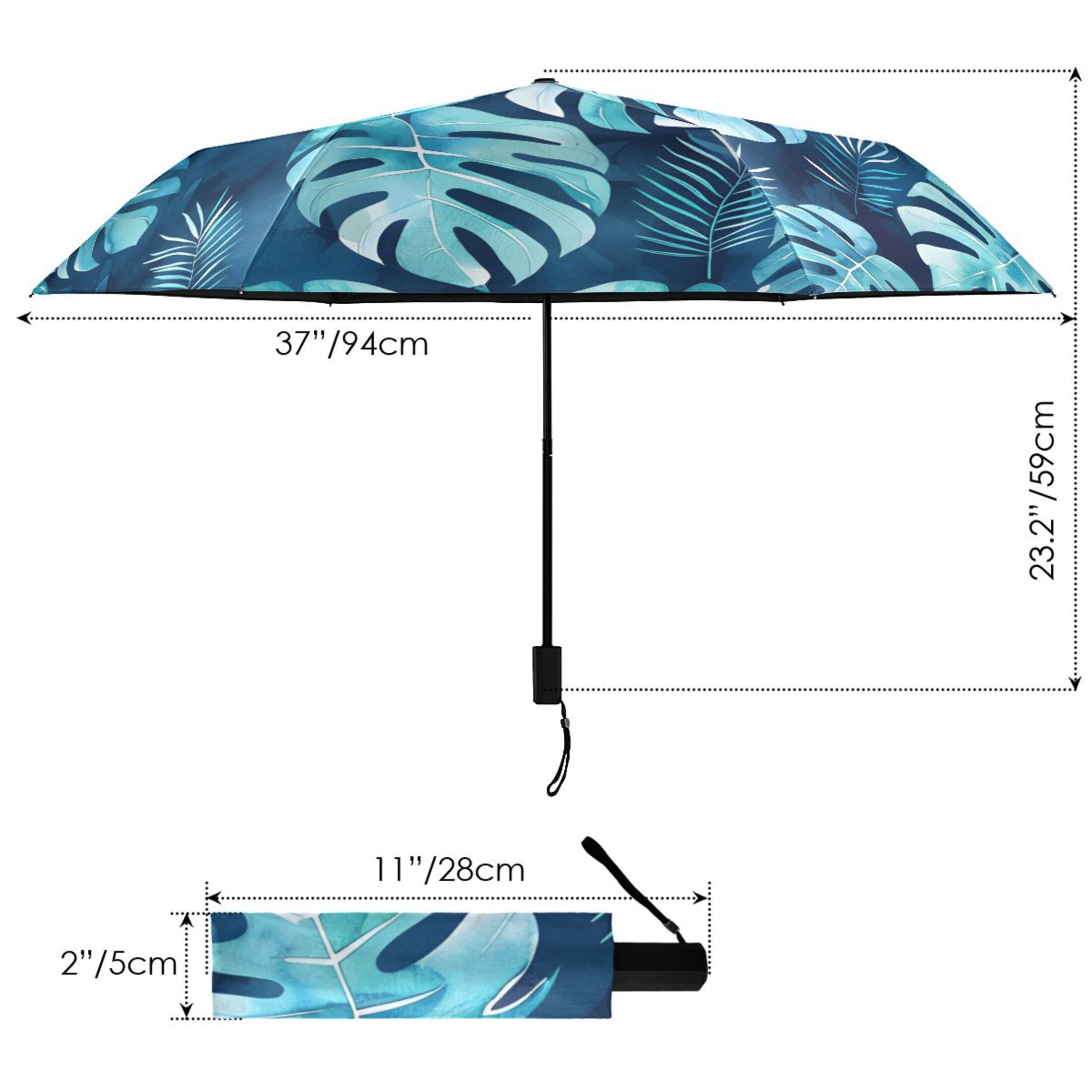 Watercolor Monstera All Weather Umbrella Triple Folding Parasol 6 Ribs UV Protection Portable