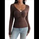 thumbnail image 2 of Camisa de Larga para Mujer, Cuello en V, Botones, Punto Acanalado, Corte Entallado, Informal, Básica, para y Otoño Marrón L, 2 of 9