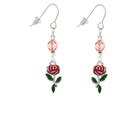 Red Flower Earrings - Red Rose Flower Pink Bead French Earrings