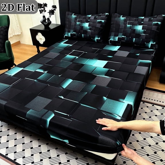 2D Flat 3PCS Digital Printed Plaid Bedding Sheet Set, Cool Tech Pattern Deep Pocket Fitted Sheet & 2 Pillowcases, Soft Breathable, Fade Resistant(Green,Queen)