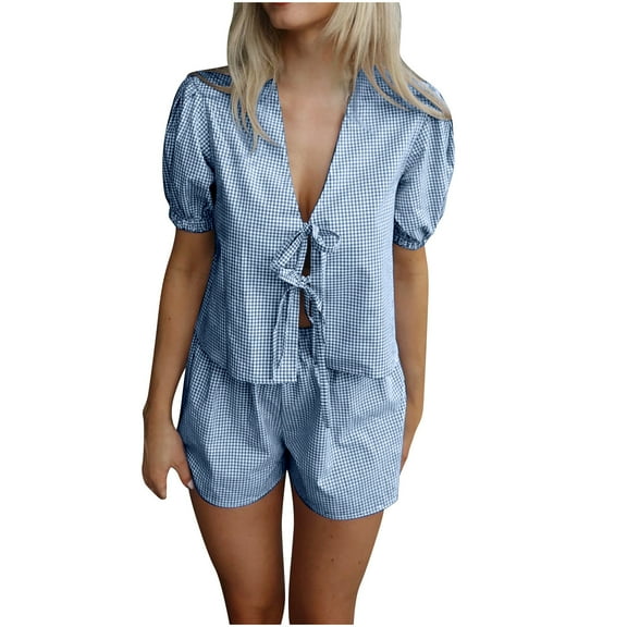 MuZeFu Sets for Women 2 Piece Shorts Two Piece Sets for Women Women Tops Sale Womens Clothes Women's Summer Fashion Plaid Short Sleeved Lace Up Cardigan Top Plaid Shorts Set