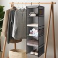 thumbnail image 7 of Hanging Shoe Shelves, 5 Shelf Cloth Closet, Clothing Storage Organizers w/ 6 Side Mesh Pockets, Portable Suspended Hanger Holder, Wall/Over the Door Foldable Design for Wardrobe Bed Bathroom, Brown, 7 of 7