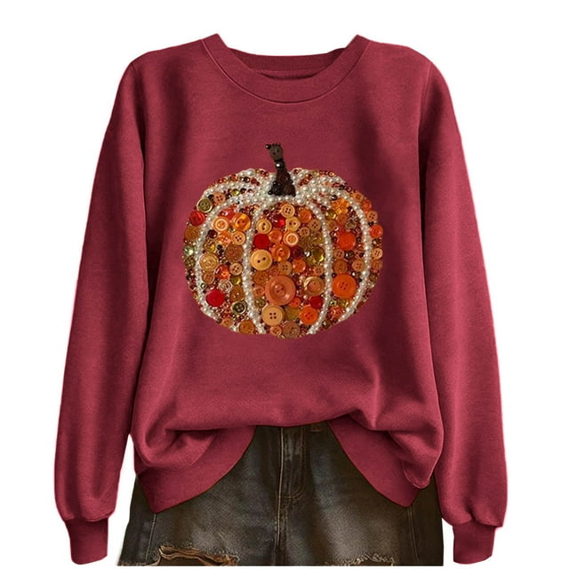 Lcziwo Halloween Chandails Molletonnés pour Femmes, Chandail à Enfiler à Manches Longues à Col Rond avec Imprimé Citrouille à Paillettes, Hauts, Tenues Mode d'Action de Grâce Automne Hiver 2025, Bourgogne, m