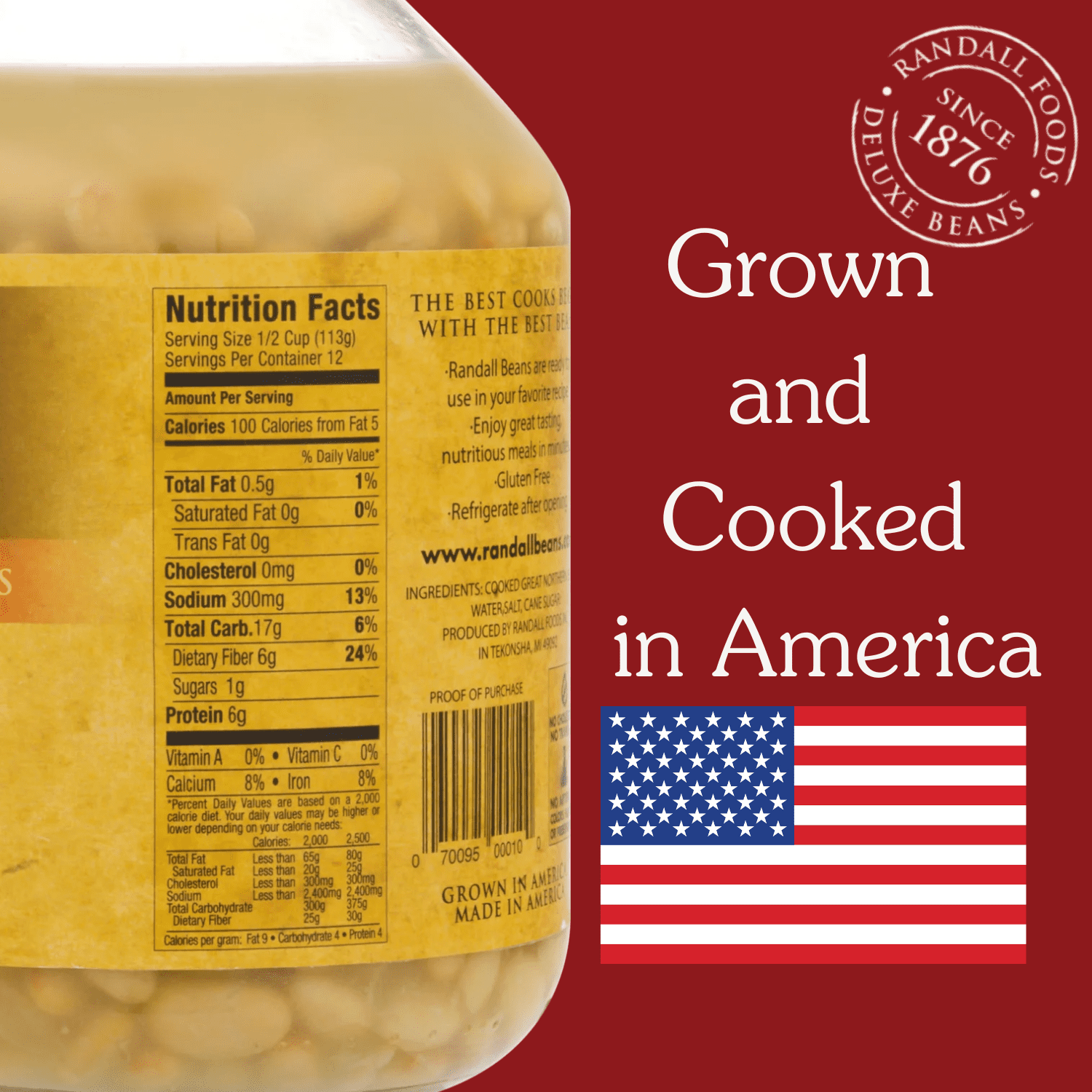 Randall Deluxe Great Northern Beans, 48 oz Glass Jar – Fully Cooked, Family Size (No Spice)