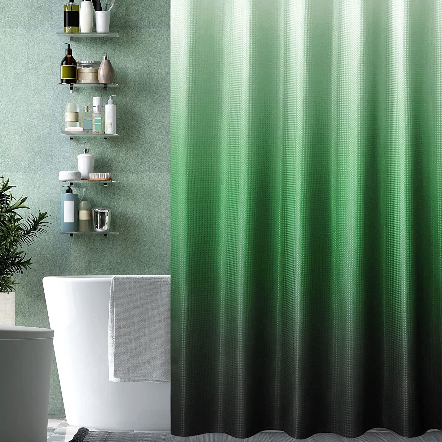 Extra Long Shower Curtain 72 x 84, Tall Emerald Green Ombre Shower Curtain for Bathroom, Waffle Weave Fabric Shower Curtain Set with Hooks, Water Repellent, Machine Washable