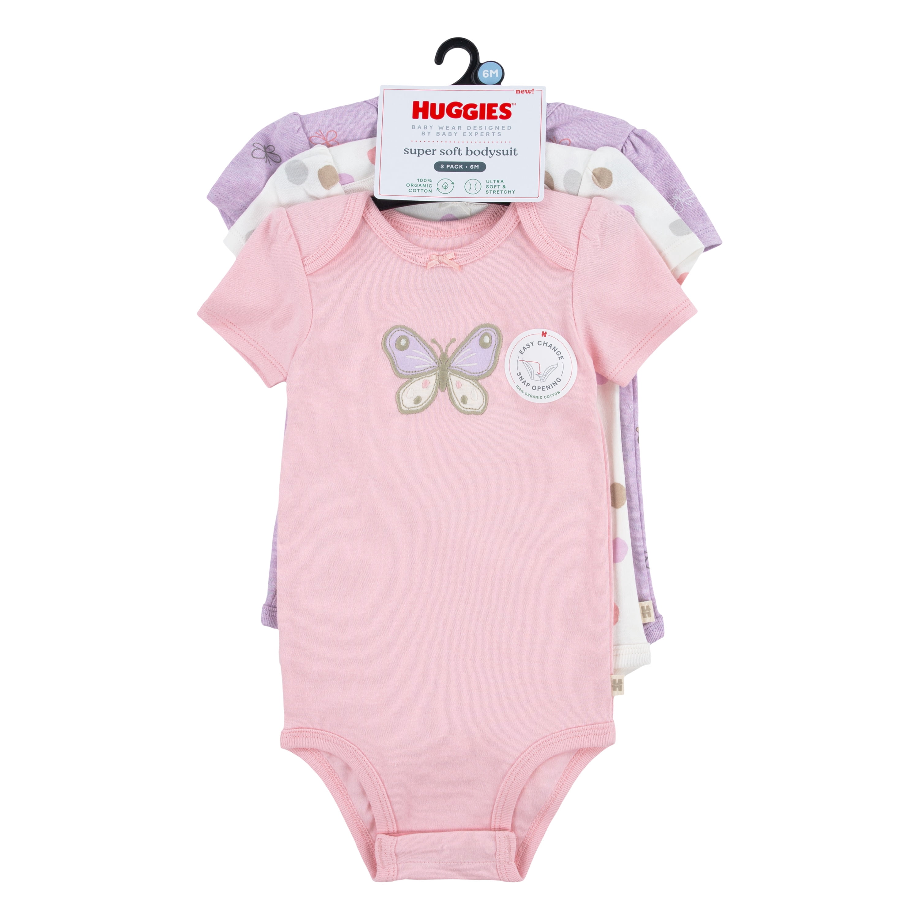 Huggies Baby Girls Butterfly 3 Pack Organic Cotton Bodysuits, Sizes NB-24M