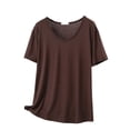 thumbnail image 3 of Women's Solid Thin Crew Neck Short Sleeve Sleep T-Shirt, Soft Elastic Basic Layering Blouse, Casual All Season Daily Indoor Home Loungewear | TruHer,Coffee L, 3 of 6