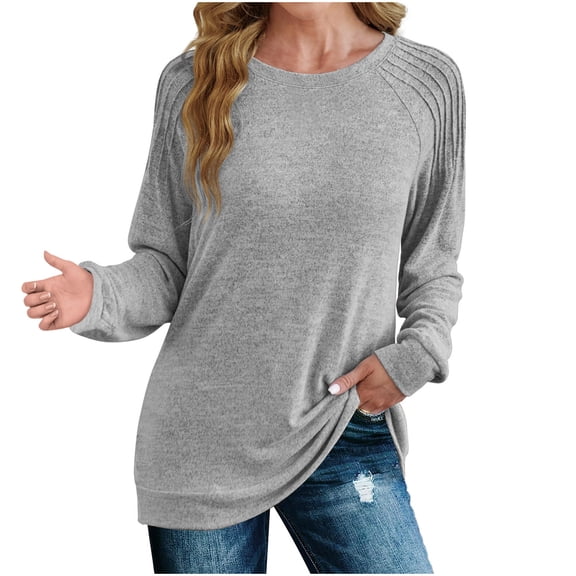 ylioge Womens Fall Fashion 2023, Ladies Crewneck Sweatshirts Casual Loose Solid Color Pleated Long Sleeve Side Slit Pullover Shirts Tops Fall