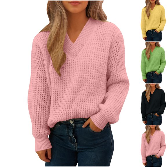 THNCYX Women's Pullover Sweater Long Sleeve Casual V Neck Long Sleeve Shirts For Women Casual Pullover Sweaters Tunic Tops Dressy Blouses Fall Fashion Clothes