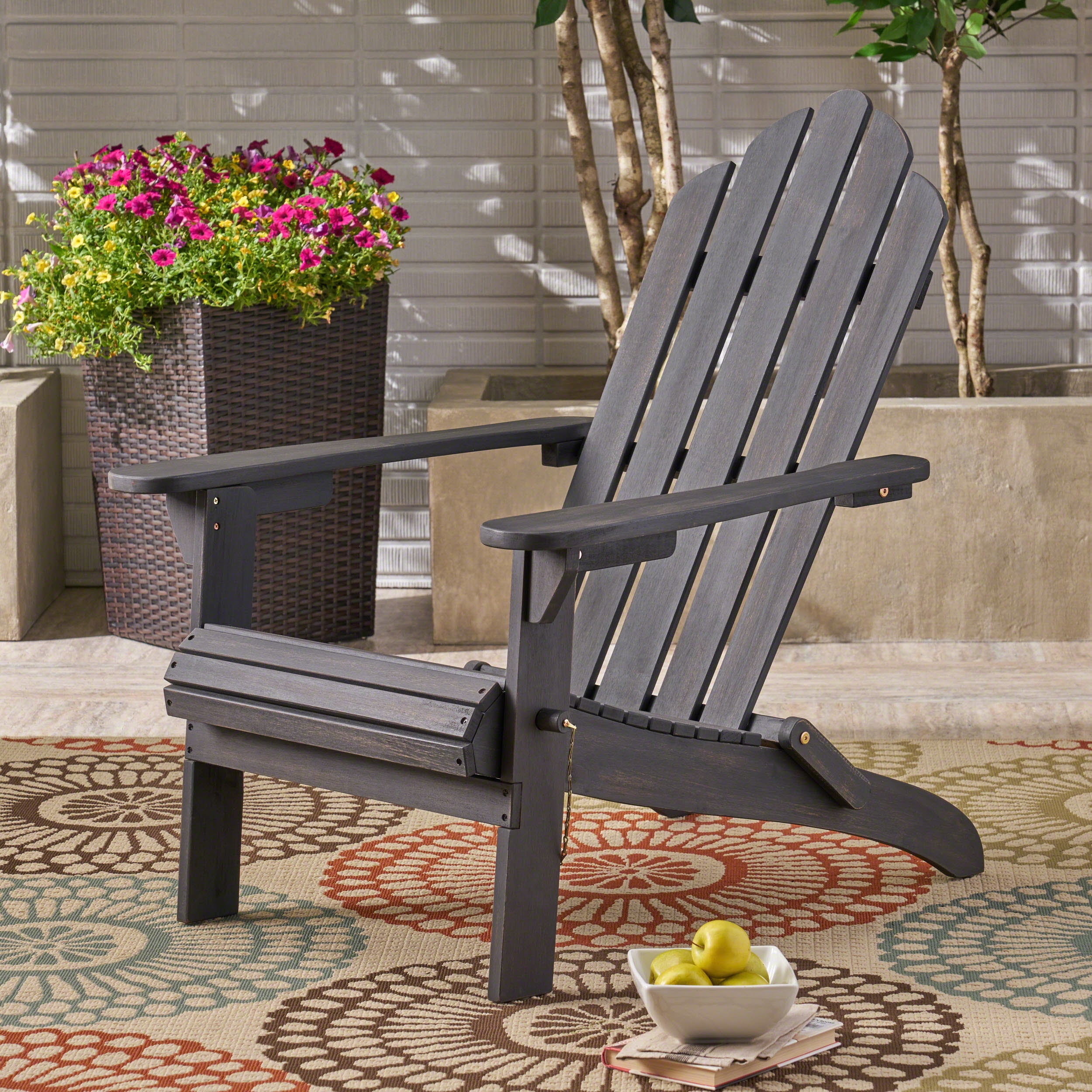 Olurrisa Folding Adirondack Chair Dark Grey Acacia Wood – Foldable Patio Deck Outdoor Chair with Weather Resistant Frame, Classic Slat Paneling