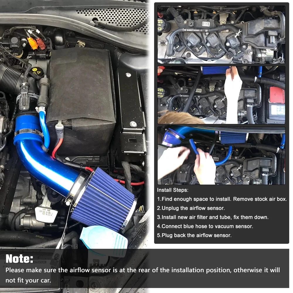 Car Cold Air Intake Filter Induction Kit 3" Pipe Aluminum Power Flow Hose System  Easy Installation for Racing & Daily Driving