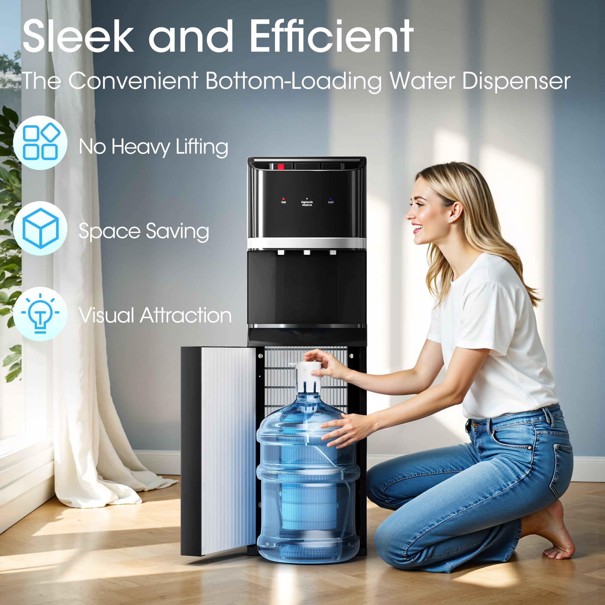 UrbanSync Bottom Loading Water Cooler Dispenser for 5 Gallon Bottles, Hot, Room & Cold, LED Display with Empty Bottle Alert, Ideal Design for Home & Office, Ebony Black