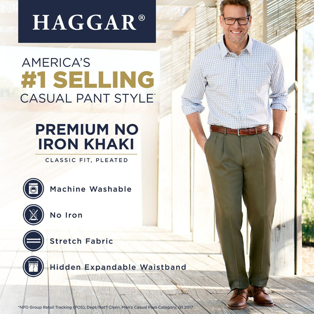 Mens Haggar Premium No-Iron Khaki Stretch Classic-Fit Pleated Expandable  Waist Pants Toast