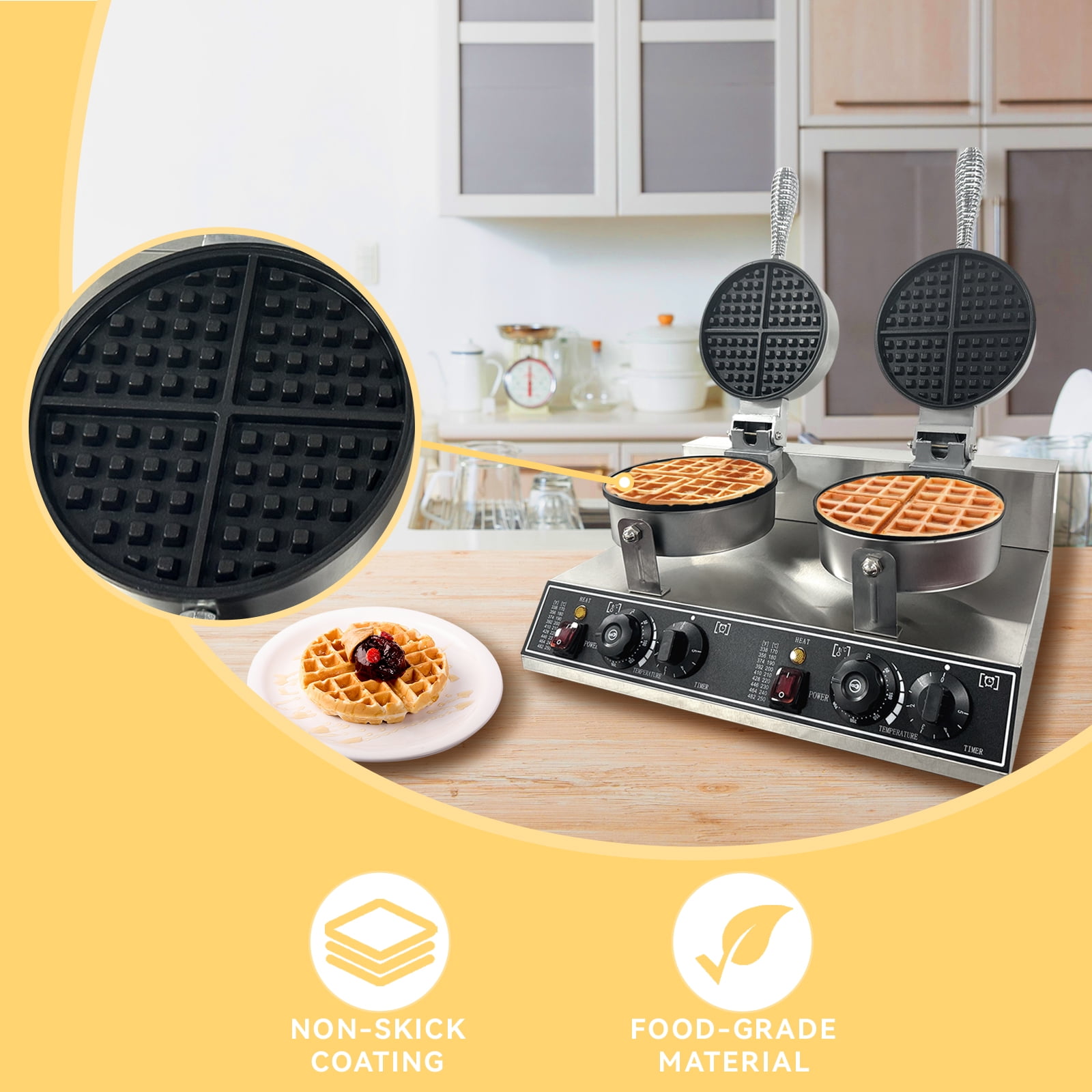 M optimized Commercial Waffle Maker Machine, 110V 2400 W Double Head Nonstick Waffle Maker for Home Restaurant