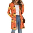 thumbnail image 7 of WTOBBY Women's Fashion Comfortable Halloween Printed Mid-Length Cardigan Jacket Casual Long Sleeve Open Front Cover Up With Pockets Fall Layering Piece,Saffron M, 7 of 7