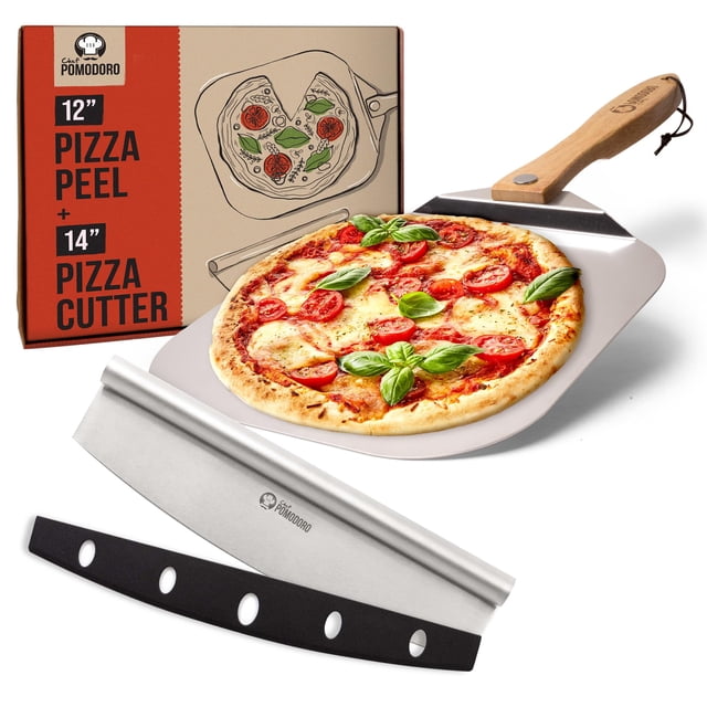 Chef Pomodoro Ultimate Pizza Lover's Bundle: 12x14 Aluminum Pizza Peel with Foldable Wood Handle & 14in Stainless Steel Pizza Rocker Cutter