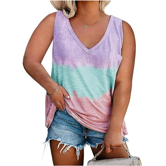 Langwyqu Sleeveless Women V-Neck Tie Dye Printing Plus Size Cami Shirt