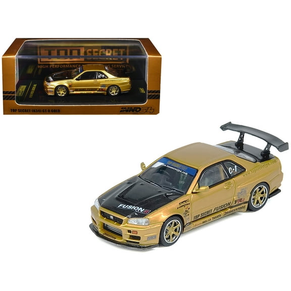 Nissan Skyline GT-R (R34) RHD "Top Secret" Gold Metallic with Carbon Hood and Trunk 1/64 Diecast Model Car by Inno Models
