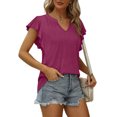 thumbnail image 2 of RYRJJ Women's Summer Tunic Blouse Flutter Short Sleeve V Neck Solid Trendy T Shirt Tops Casual Loose Fit(Wine,S), 2 of 8