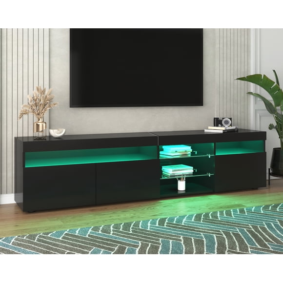 Noble House 70.8" Modern TV Cabinet, Black High Gloss Front with USB LED & 3 Doors, Matte Finish Storage,Black