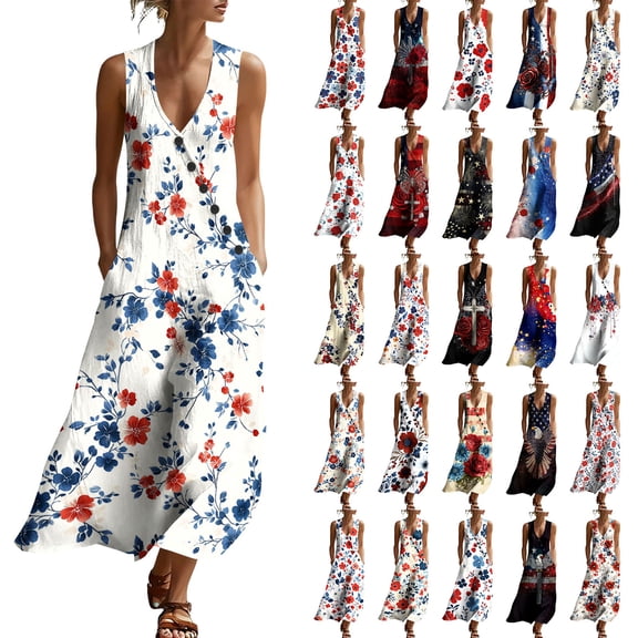 VBVC Women's Floral V-Neck Sleeveless Maxi Dress,Button Detail Loose Flowy Dress For Women,Ladies' Casual Patriotic Summer Sundress with Pockets,Multicolor,S-3XL
