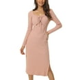 thumbnail image 1 of Vestido midi de punto ajustado con cuello corazón, mangas largas, fruncido, cordón y abertura lateral, color rosa, 1 of 6