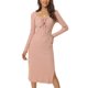 thumbnail image 1 of Vestido midi de punto ajustado con cuello corazón, mangas largas, fruncido, cordón y abertura lateral en L rosa para mujer Inspire Chic, 1 of 6