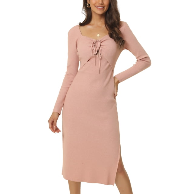 Vestido midi de punto ajustado con cuello corazón, mangas largas, fruncido, cordón y abertura lateral, color rosa
