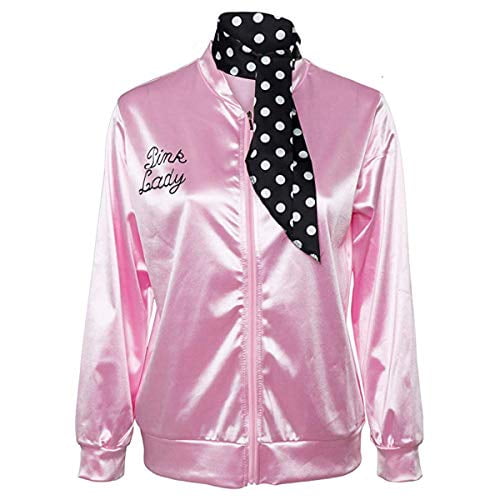 1950S Adult Women Ladies Girls Costume Satin Jacket with Neck Scarf Halloween Fancy Dress Props (X-Small, Pink)