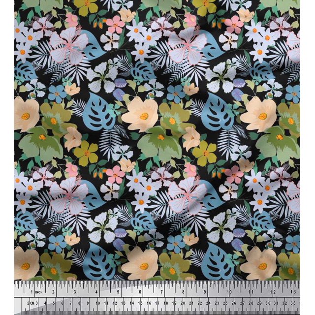 Soimoi Polyester Crepe Fabric Leaves & Floral Artistic Print Fabric by The Yard 52 Inch Wide