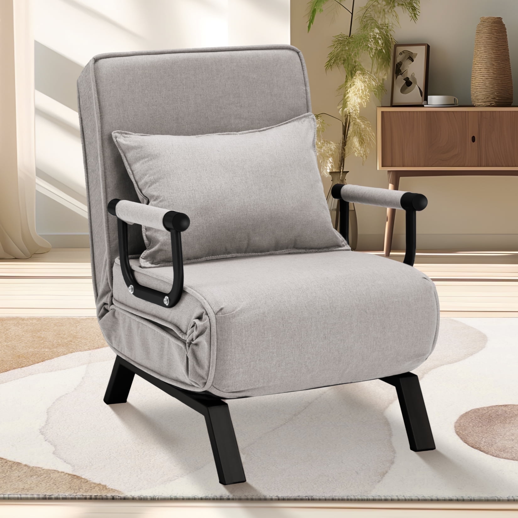Avocahom Convertible Sofa Bed Sleeper Chair,6 Angles Adjustable Backrest, Single Person Chaise Lounge Couch w/ Pillow, Folding Bed for Overnight Guests, Foldable Sofa Arm Chair for Office, Light Gray