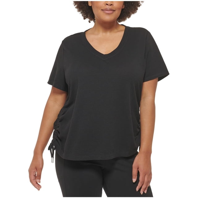 Calvin Klein Womens Textured Side Ruched Embellished T-Shirt, Black, Plus Size, 2X
