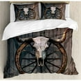thumbnail image 3 of Barn Wood Wagon Wheel Duvet Cover Set Queen Size, Long Horned Bull Skull and Old West Wagon Wheel on Rustic Wall, Decorative 3 Piece Bedding Set with 2 Pillow Shams, Black Brown White, by Ambesonne, 3 of 3