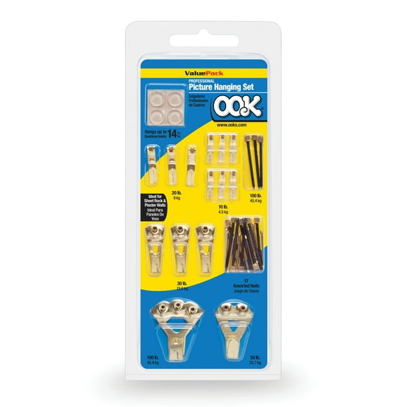 Ook Professional Picture Hanging Kit, 10-100 lbs, Steel, for Drywall Plaster Wood, Brass Finish, Gold, 38 pack