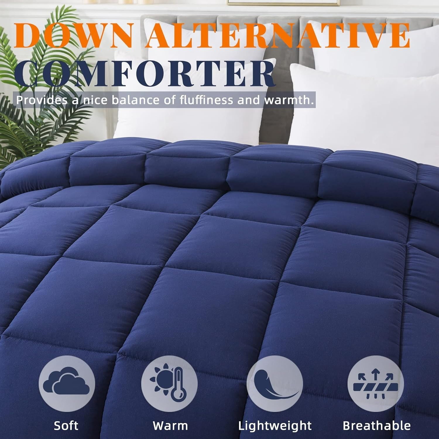Queen Size Down Alternative Comforter, All Season Soft Quilted Bedding with Corner Tabs, Lightweight Microfiber Fill for Winter Summer Use, Blue Grey