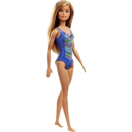 Barbie Beach Doll with Blue Patterned One-Piece Swimsuit,