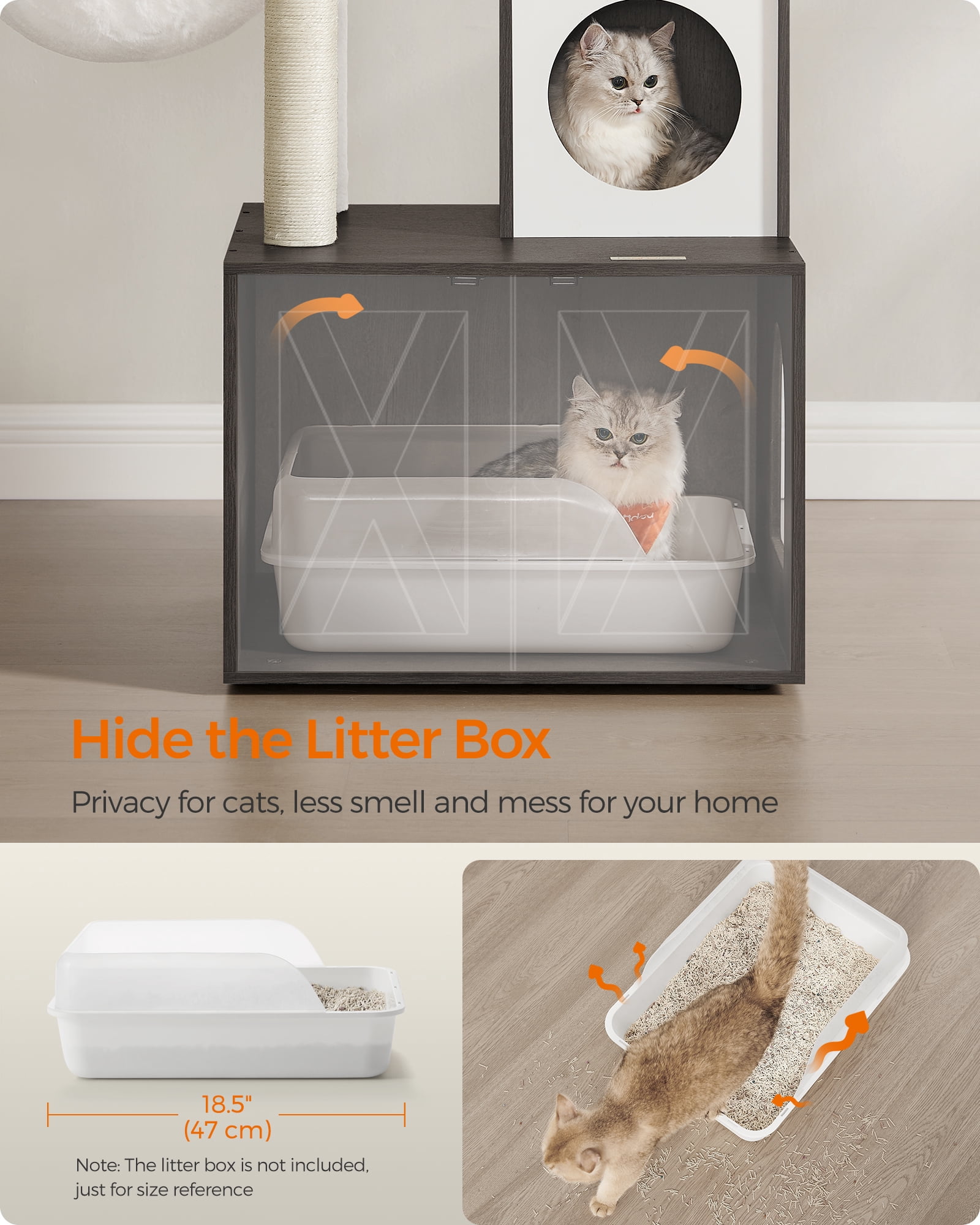 WoodyWonders 2-in-1 Cat Tree with Litter Box Enclosure - Modern Cat Condo with Scratching Posts, Misty Gray