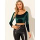 thumbnail image 4 of Top corto de terciopelo con hombros descubiertos y manga larga para mujer Verde oscuro XS, 4 of 6
