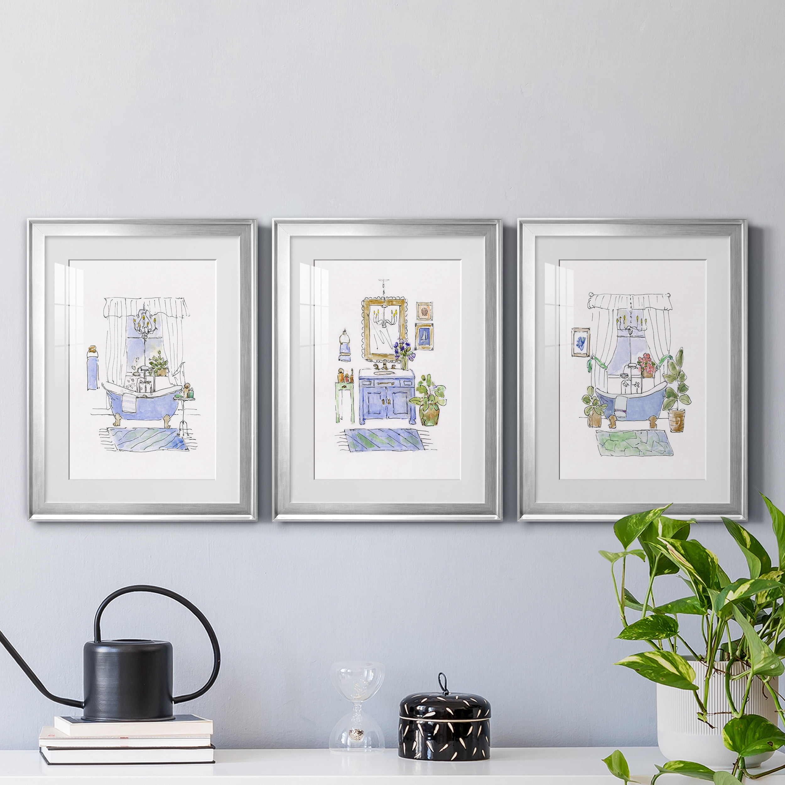 Sketchy Bath I Premium Framed Prints Set of 3 - Ready to Hang - 18 x 24 Each - Silver Frame