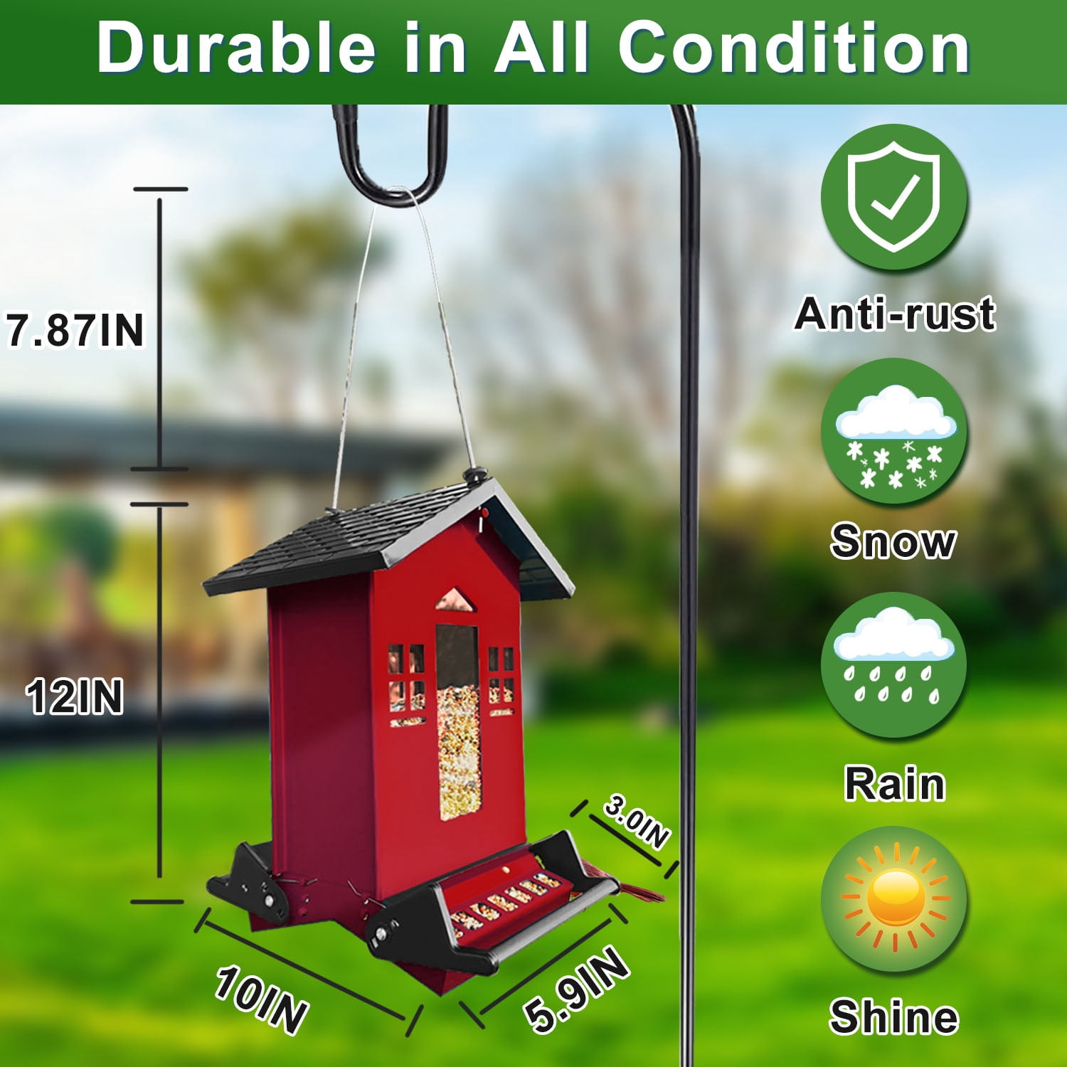 5lbs Squirrel Proof Bird Feeder, Red Metal Bird Seed Feeder for Outdoors Hanging Chew-Proof, Large Seed Capacity for Cardinal, Wild Bird, Finch, Sparrow, Blue Jay, Swallow, Parrot