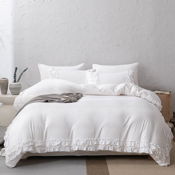 Ruffled Duvet Cover Set Boho Chic Bedding Set Pleat Ruffled Shabby Chic Comforter Cover Extra Soft & Easy Care White Boho Duvet Cover with Zipper Closure