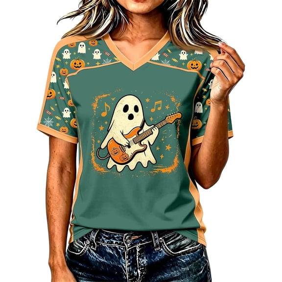 Yuncity Womens T Shirts Halloween Ghosts Graphic Print V Neck Tees Summer Fall Baseball Short Sleeve T-Shirts Casual Relaxed Fit Holiday Tops Size L
